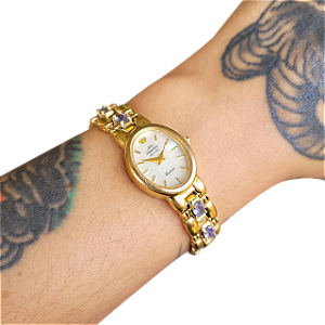 💛 Relógio Feminino Jules Jürgensen Signature ⌚ Dourado com Pedras Lilás