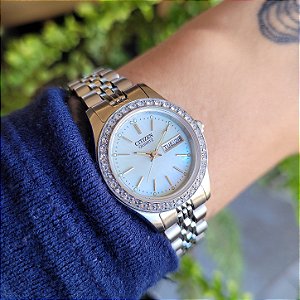 Citizen Feminino Madre Pérola Cristais Quartz EQ0530-51N Aço 27 mm