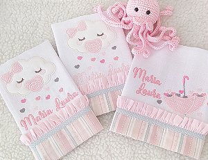 Trio de Fraldas de Boca  Bordado Linha Mabber