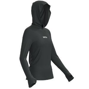 Camisa Poliamida Feminina com Capuz, Passante no Polegar, Chumbo