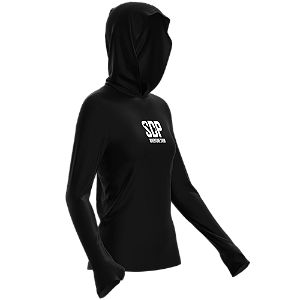 Camisa Poliamida Feminina com Capuz, Passante no Polegar, Preta