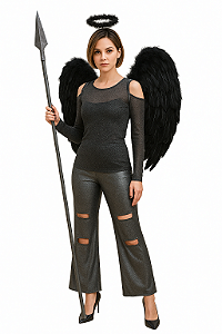 Fantasia conjunto Anjo Negro luxo adulto com asa e tiara