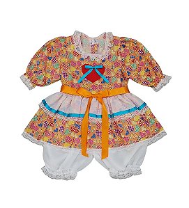 Vestido junino tecido com botão e calçola bebê - OBSERVE A DESCRIÇÃO