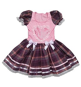 Vestido junino xadrez coração paetê infantil