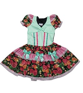 Vestido junino verde menta, floral e xadrez juvenil