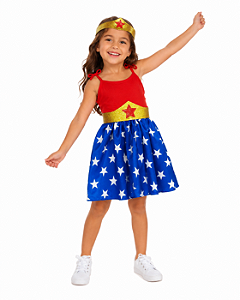 Fantasia vestido Menina Maravilha infantil com cinto