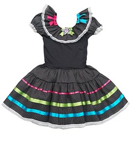 Vestido junino xadrez/poás babado no decote adulto