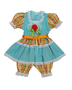 Vestido Junino Bebê Listrado Verde com Xadrez + Calçola
