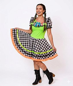 Vestido Junino Adulto Neon Xadrez e Babado no Decote