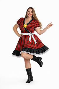 Vestido Junino Plus Size Xadrez Vermelho e Preto com Saia Rodada
