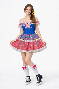 Vestido Festa Junina Juvenil Moderno Azul e Rosa Ombro a Ombro com Renda e Flores