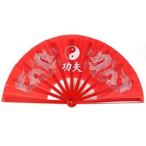Leque Grande Dragão Chinês Cores Vermelho Preto Azul - Dança Kung Fu Tai Chi Chuan Oriental