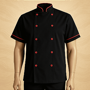 Dolmã Chef De Cozinha Preto Com Vermelho Poliéster - Dolma Masculina e Feminina