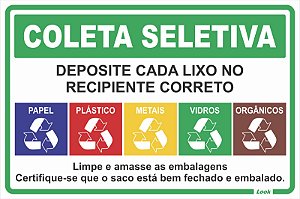 Placa de Sinalização Reciclagem Coleta Seletiva Deposite Lixo Correto