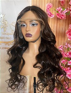 LACE HUMANA ONDULADA  75CM CASTANHO COM MECHAS 200% de densidade