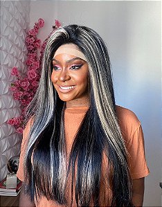 LACE DE CABELO HUMANO 65cm 180% de densidade LISO PRETO COM MECHAS LOIRO PLATINADO