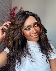 LACE ONDULADA 45CM 150% de densidade DE CABELO HUMANO MORENA ILUMINADA COM SILK BASE