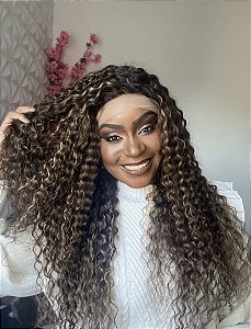 LACE CACHEADA DE CABELO HUMANO BRASILEIRO 65CM 180% DE DENSIDADE CASTANHO COM MECHAS