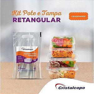 Kit 25 unid. Pote Plástico Retangular Descartável 250 / 500 / 750/ 1000ml Microondas e Freezer Marmita Fit
