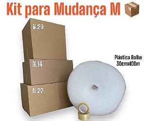 Kit Para Mudança Tamanho M / 5 Caixas N.14 (51x35x25) + 5 Caixas N.20 (40x40x40) + 5 Caixas N.22 (60x40x30) + 1 Bolha 30cmx100metros + 2 Fitas 48x100m