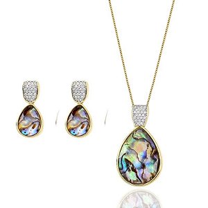 CONJUNTO ABALONE COM ZIRCÔNIA BANHADO A OURO (12090001)
