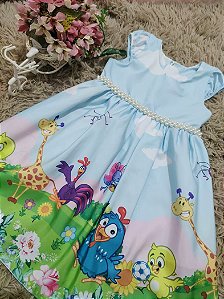 Vestido Temático - Tema: Galinha Pintadinha - Cor: Azul Baby - Tamanho: 4 e 5 anos (G)