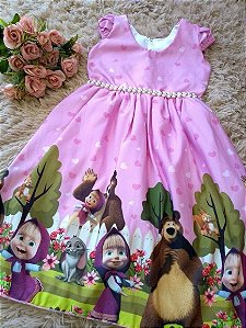Vestido Temático - Tema: Marsha e Urso - Cor: Rosa - Tamanho: 4 e 5 anos (G)