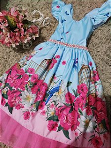 Vestido Temático - Tema: Jardim Encantado - Cor: Tiffany/Rosa - Tamanho: 6 e 7 anos (GG)
