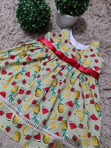 Vestido Casual - Tema: Frutinhas Deliciosas - Cor: Verde/Vermelho - Tamanho: 1 ano (PP)