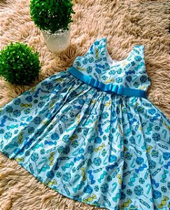 Vestido Casual - Tema: Guloseimas - Cor: Azul/Azul Baby - Tamanho: 1 ano (PP)