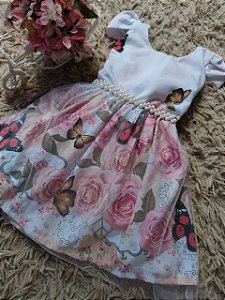 Vestido de Festa - Tema: Floral/Butterfly - Cor: Branco/Rosa - Tamanho: 02 anos (P)