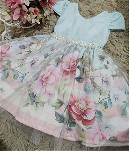 Vestido de Festa infantil - Tema: Floral - Cor: Azul Baby/Rosa - Tamanho: 1 ano (PP)