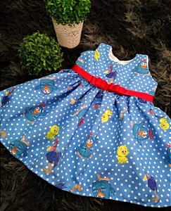 Vestido Casual infantil - Tema: Galinha Pintadinha - Cor: Azul/Vermelho - Tamanho: 0 à 06 meses (RN)