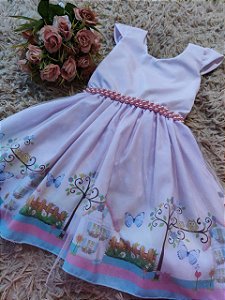 Vestido de Festa infantil - Tema: Jardim Encantado com Corujinha - Cor: Rosa/Azul - Tamanho: 2 anos (P)