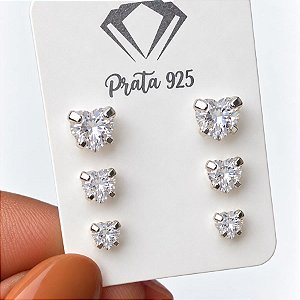 BRINCO PRATA TRIO CORACAO 3MM/4MM/5MM CRISTAL