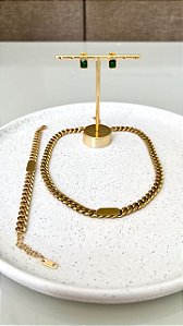 Conjunto de corrente colar, pulseira e brinco em aço inoxidável