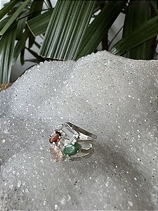Anel Ajustável Héstia - Prata 925 - Jade, Turmalina Rosa, Granada e Quartzo Cristal | Paz e Construção Familiar