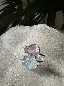 Anel Ajustável Quartzo Rosa com Água Marinha | Cristal de Serenidade e Amor - Prata 925