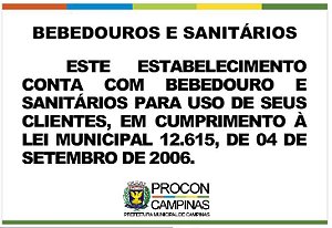 Placa - Bebedouros e Sanitários - Lei Municipal 12.615/2006