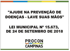 Placa - Ajude na prevenção de doenças - Lave as mãos - Lei Municipal 15.673/2018