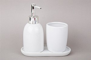 Conjunto para Banheiro Cerâmica Liso | Branco e Prata - 3 Peças