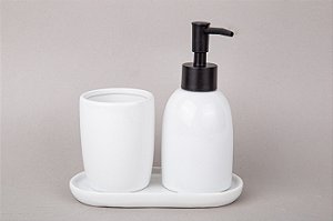 Conjunto para Banheiro Cerâmica Liso | Branco e Preto - 3 Peças