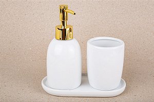 Conjunto para Banheiro Cerâmica Liso | Branco e Dourado - 3 Peças
