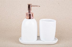 Conjunto para Banheiro Cerâmica Liso | Branco e Rose - 3 Peças