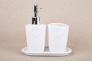 Conjunto para Banheiro Cerâmica Texturizado | Branco e Prata - 3 Peças