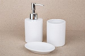 Conjunto para Banheiro em Cerâmica Linhas | Branco e Prata - 3 peças