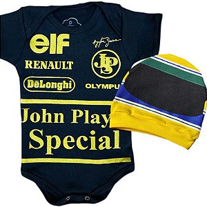 Body Bebê Fórmula 1 Ayrton Senna Lotus com Touquinha Capacete