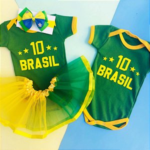 Kit Body Bebê Gêmeos Futebol Copa do Mundo Camisa 10 Brasil