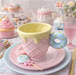 CANECA DE CERÂMICA ROSA ALÇA DE ROSQUINHA 340ML