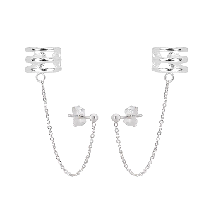 Brinco de bolinha com piercing fake 3 elos Prata 926